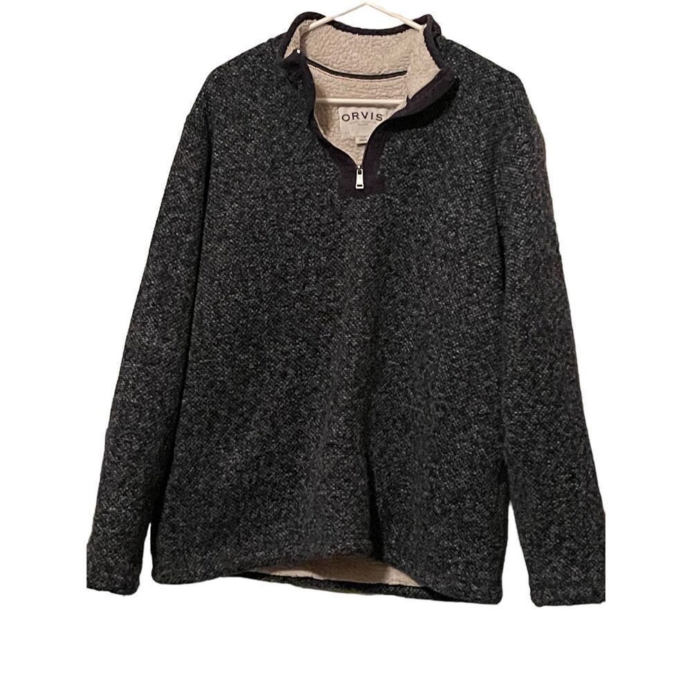 Orvis Mens Dark Grey Quarter Zip Pullover Sherpa Fleece Lined Jacket Large